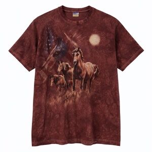 The mountain XL horses pasture American flag 0138 brown red short sleeve